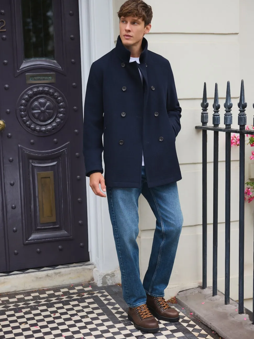 Navy Wool Rich Double Breasted Funnel Coat