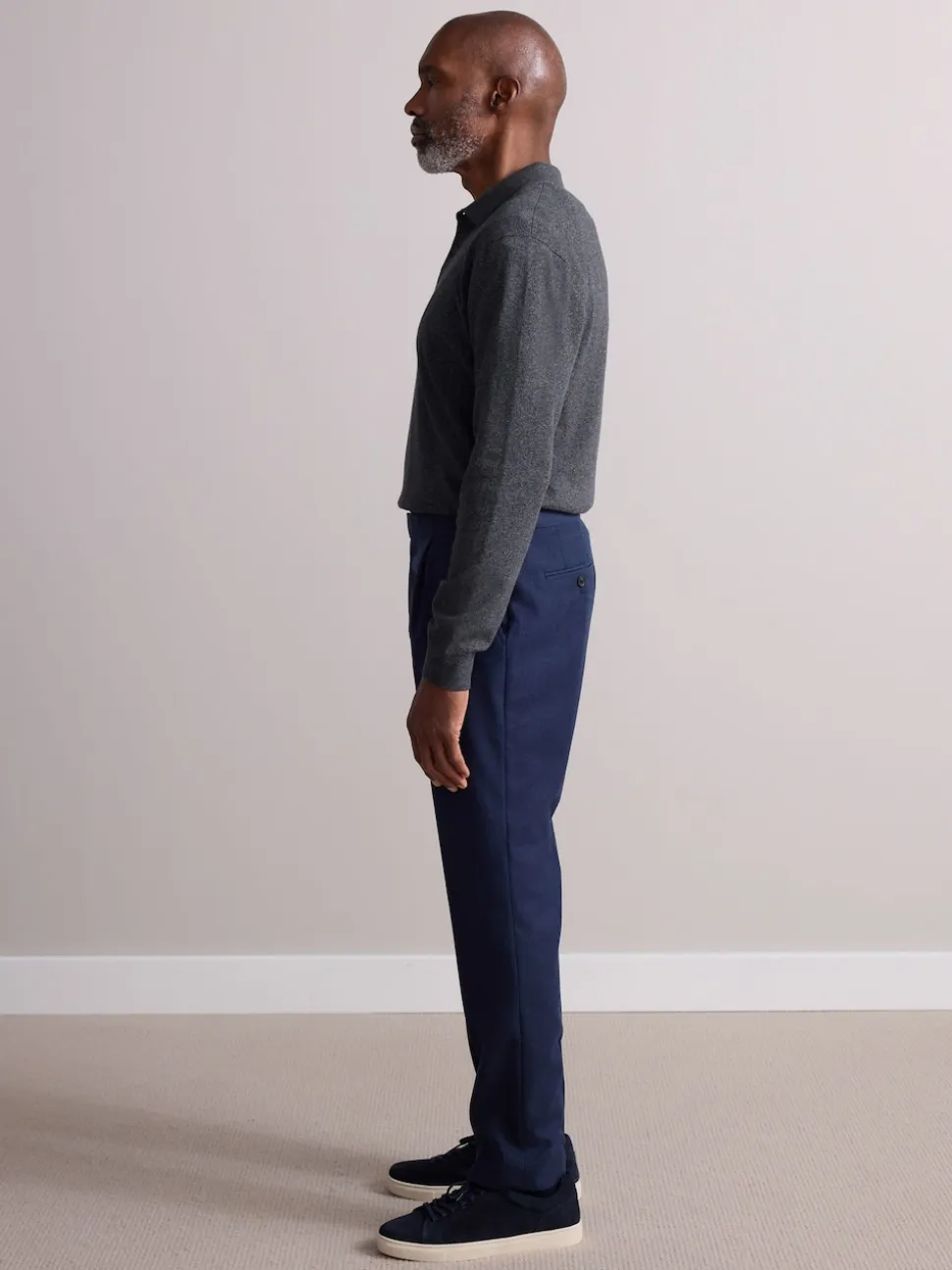 Navy Wool Rich Smart Textured Trousers With Side Adjusters