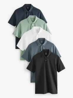 Navy/Black/Grey/White/Sage Green Slim Fit Short Sleeve Jersey Polo Shirts 5 Pack