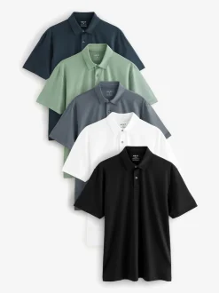 Navy/Brown/Grey/White/Sage Green Regular Fit Short Sleeve Jersey Polo Shirts 5 Pack