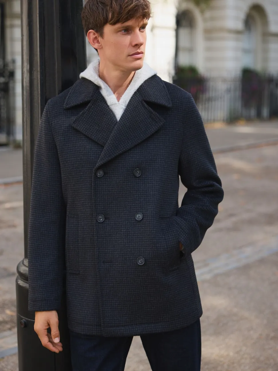 Navy/Charcoal Wool Rich Soft Touch Dogtooth Pea Coat