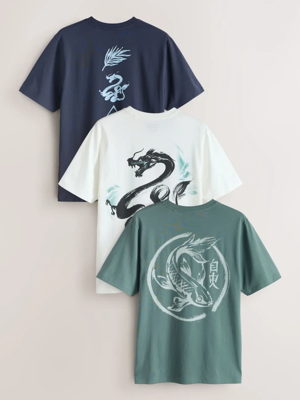 Navy/Ecru White/Teal Regular Fit Graphic Print T-Shirts 3 Pack