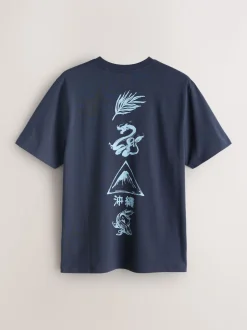 Navy/Ecru White/Teal Regular Fit Graphic Print T-Shirts 3 Pack