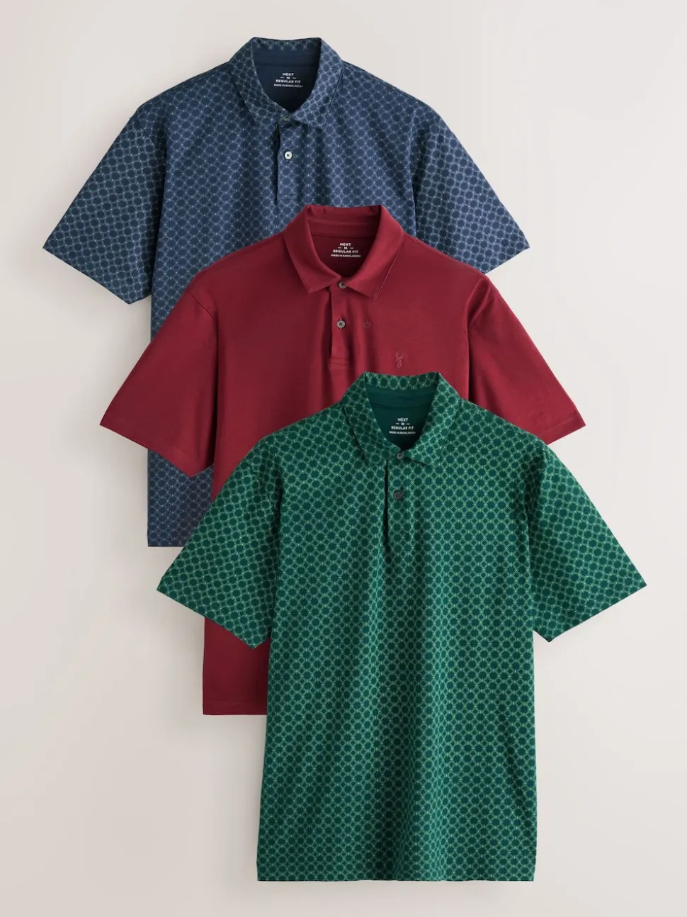 Navy/Green/Burgundy/Geos Regular Fit Short Sleeve Jersey Polo Shirts 3 Pack