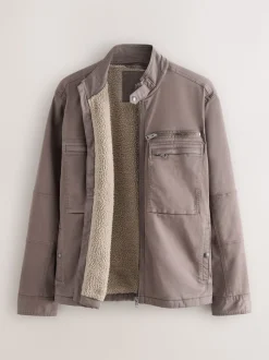 Neutral Borg Lined Zip Through Funnel Jacket