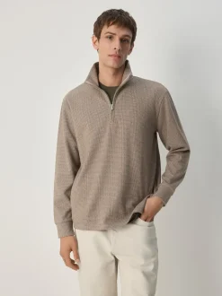 Neutral Brown Dogtooth Long Sleeve Quarter Zip Jumper