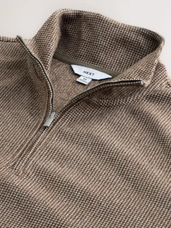 Neutral Brown Dogtooth Long Sleeve Quarter Zip Jumper