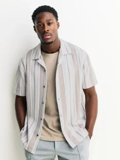 Neutral Brown Regular Fit Stripe Short Sleeve Jersey Shirt