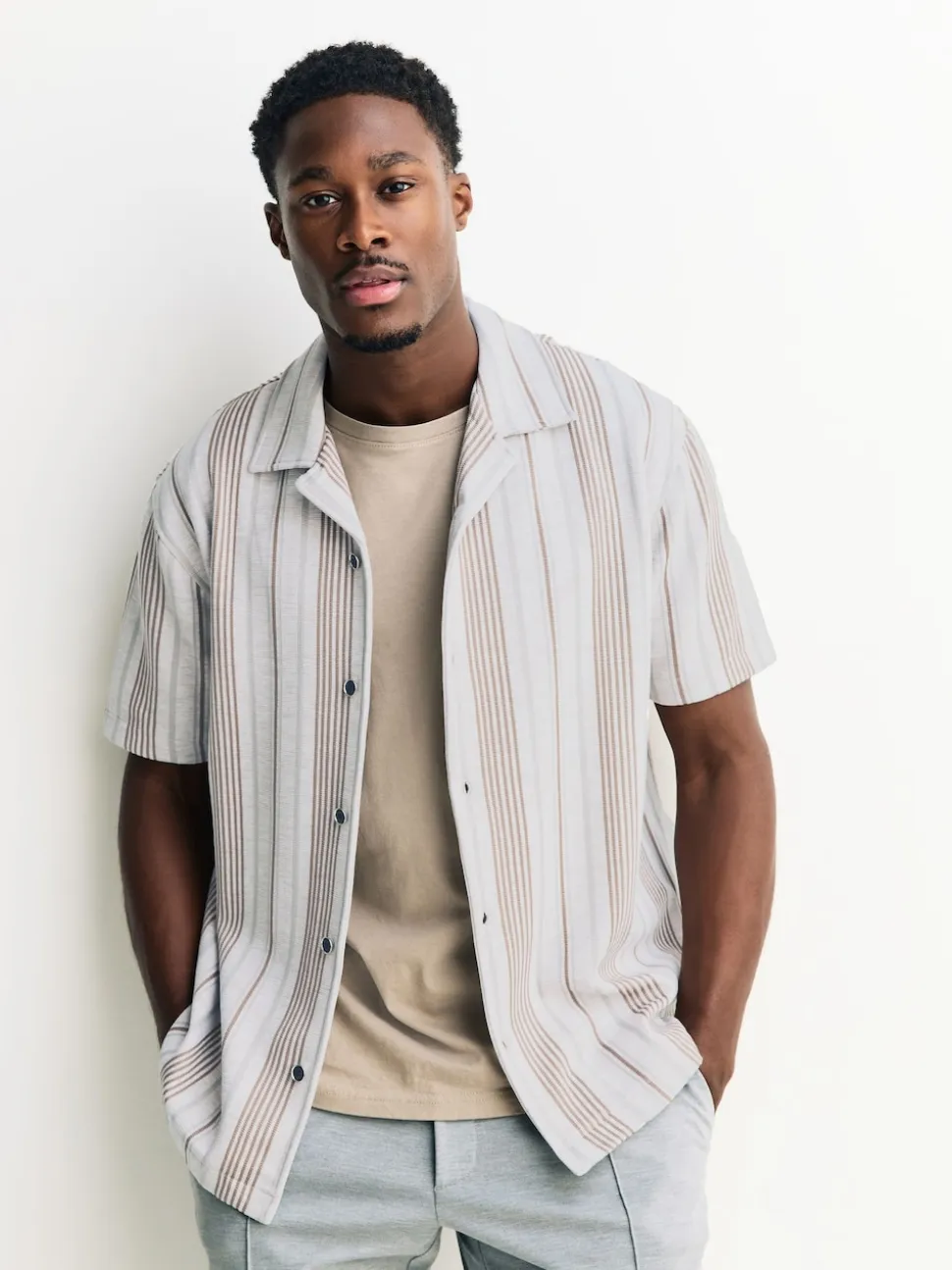 Neutral Brown Regular Fit Stripe Short Sleeve Jersey Shirt