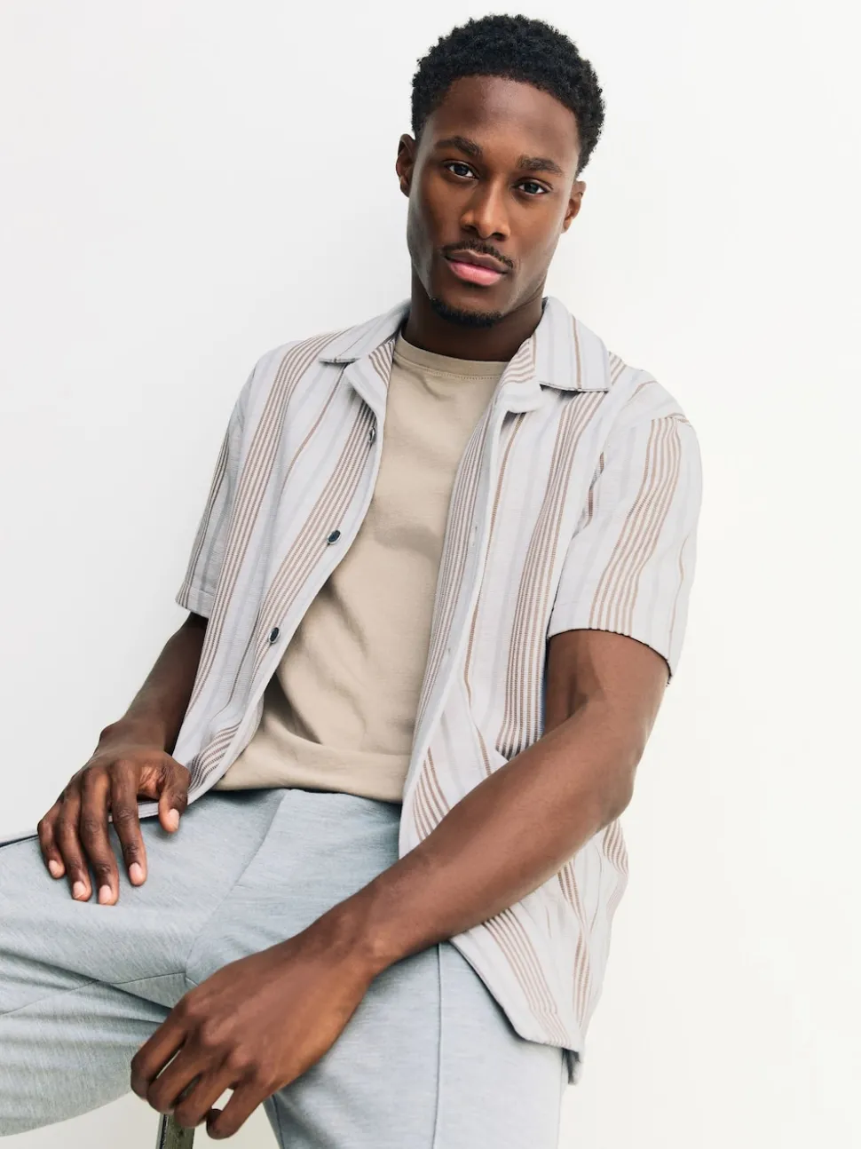 Neutral Brown Regular Fit Stripe Short Sleeve Jersey Shirt