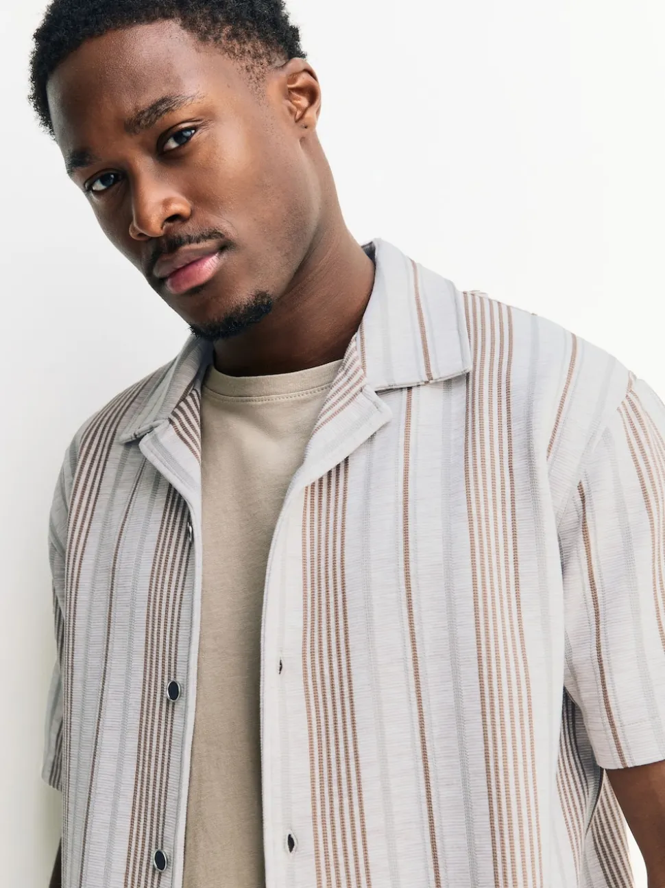 Neutral Brown Regular Fit Stripe Short Sleeve Jersey Shirt