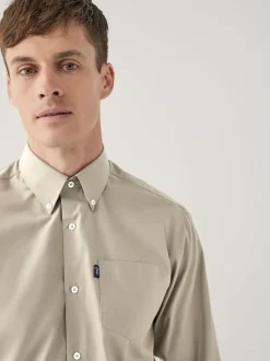 Neutral Brown Regular Fit Button Down Easy Iron Oxford Shirt
