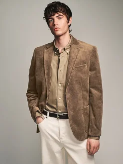 Neutral Brown Regular Fit Cord Blazer