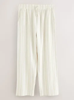 Neutral Brown Striped Linen Blend Woven Pyjamas Bottoms