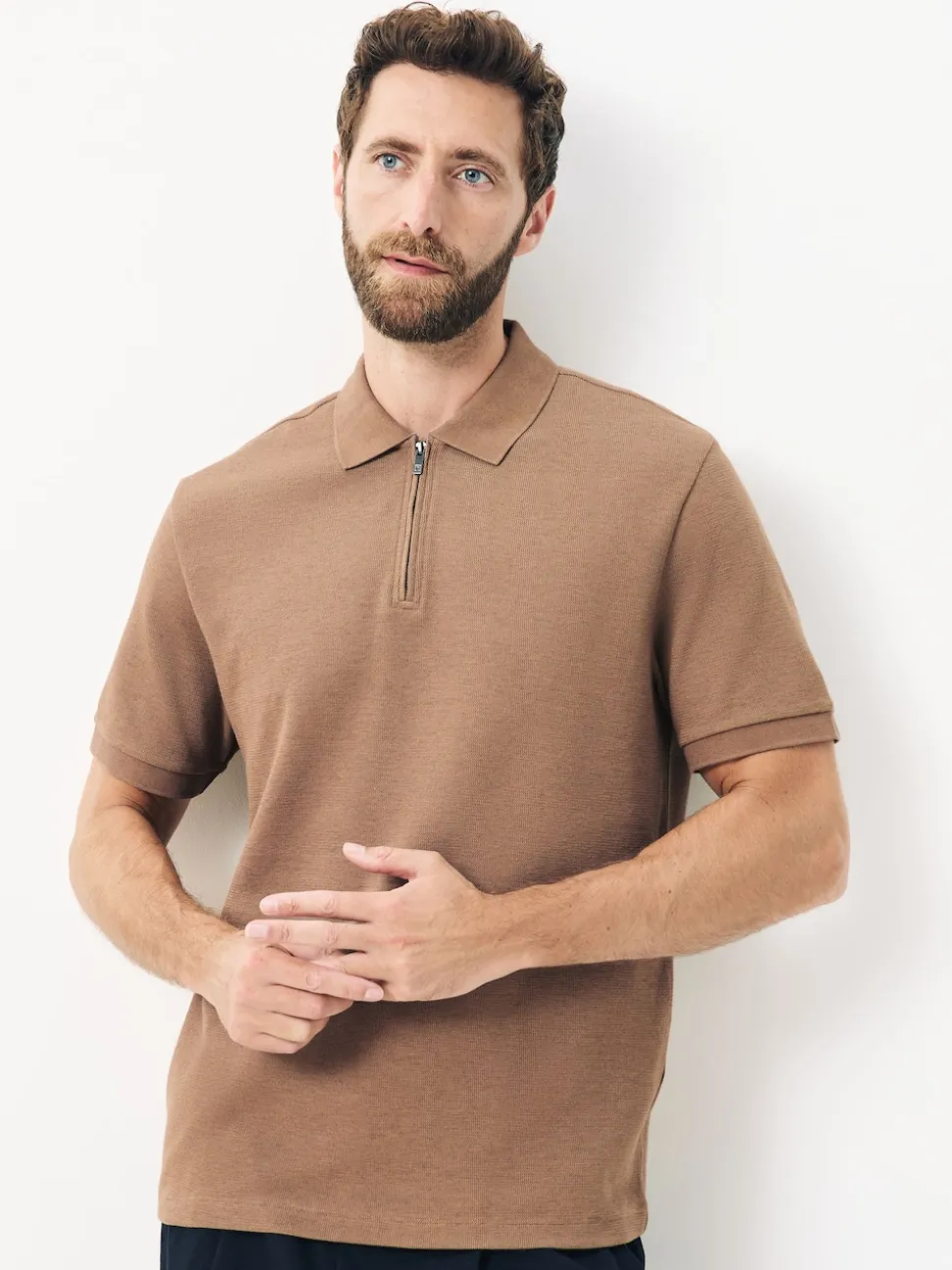 Neutral Brown Textured Smart Zip Neck Polo Shirt