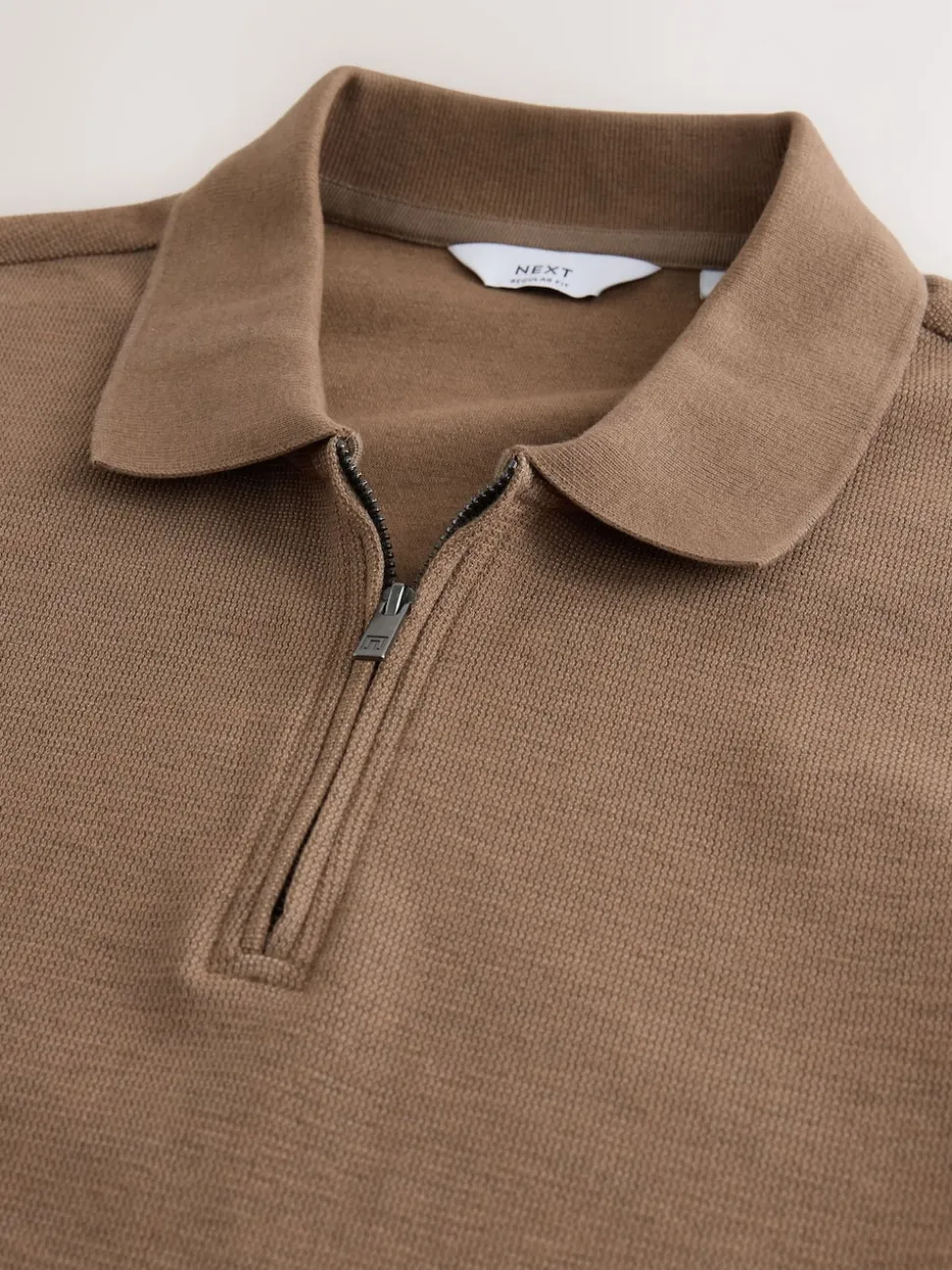 Neutral Brown Textured Smart Zip Neck Polo Shirt