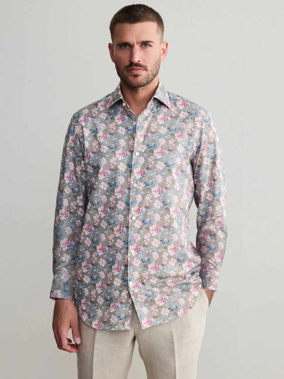 Neutral Brown/Pink Slim Fit Signature 100% Cotton Floral Print Long Sleeve Shirt