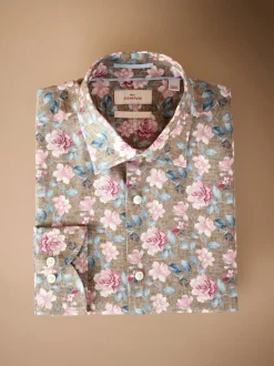 Neutral Brown/Pink Slim Fit Signature 100% Cotton Floral Print Long Sleeve Shirt