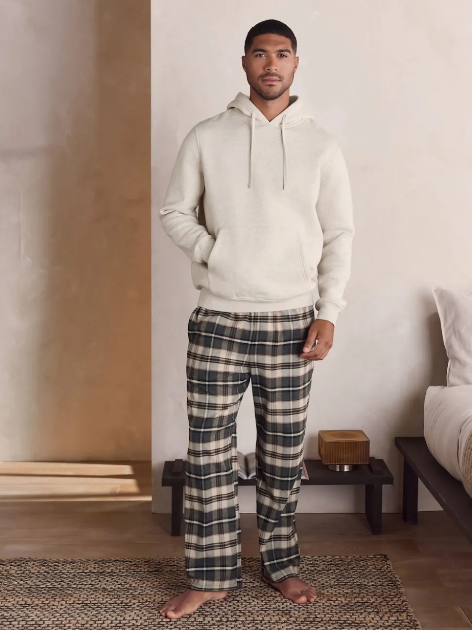 Neutral Check Bottoms Long Sleeve Hoodie Set