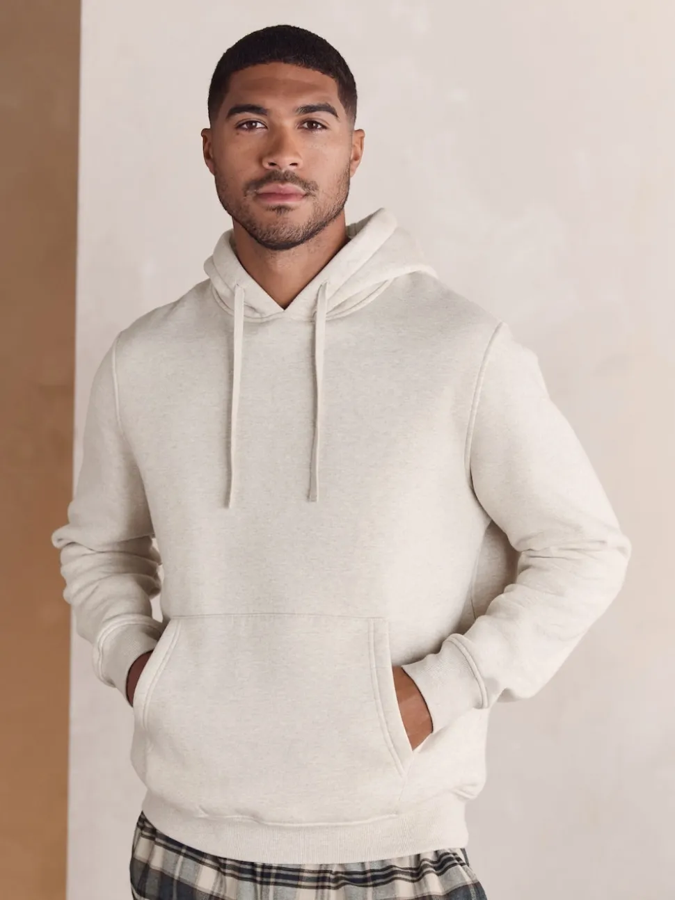 Neutral Check Bottoms Long Sleeve Hoodie Set