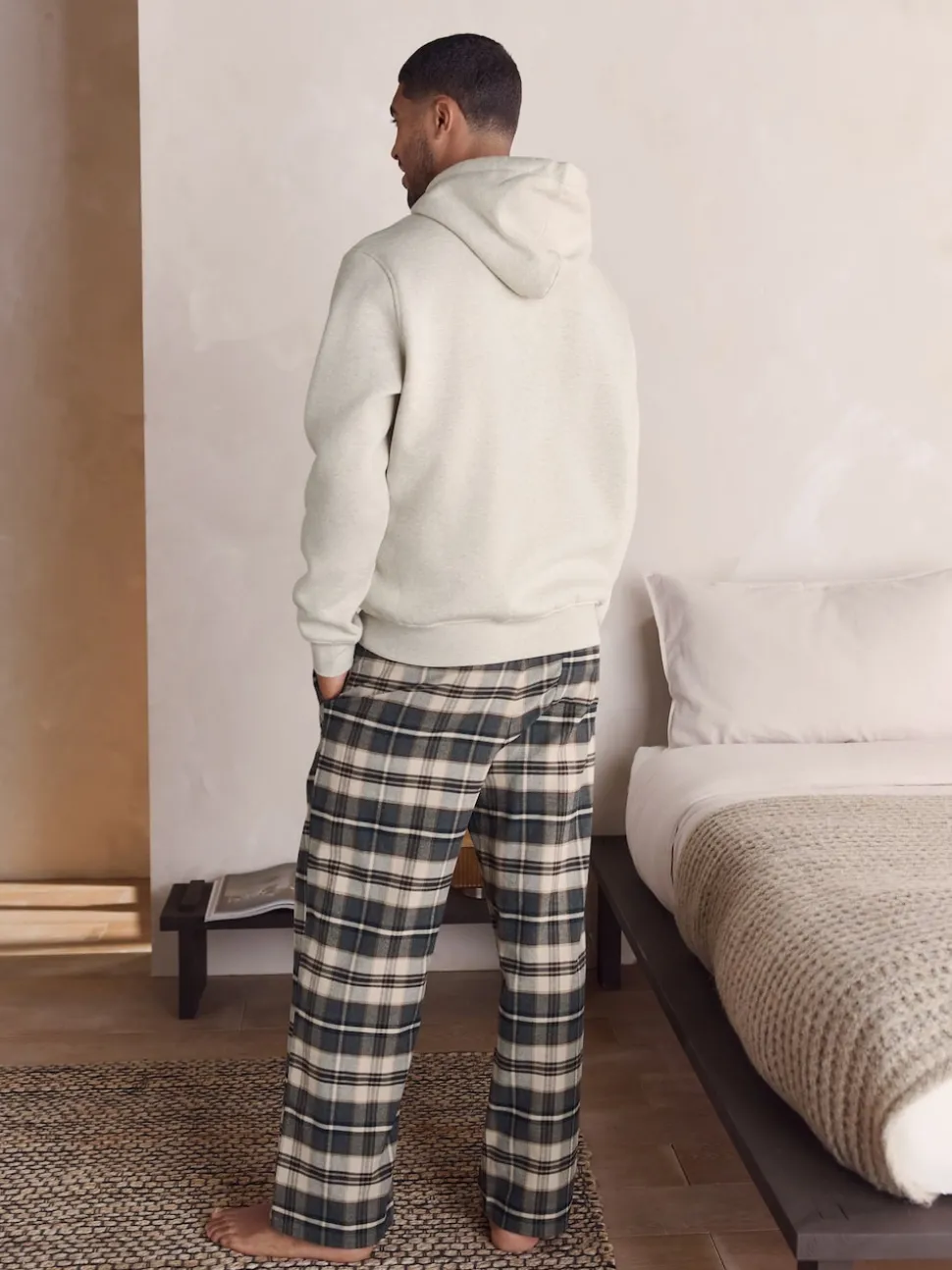 Neutral Check Bottoms Long Sleeve Hoodie Set