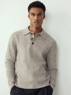 Neutral Cosy Rib Knit Long Sleeve Polo Shirt with Wool