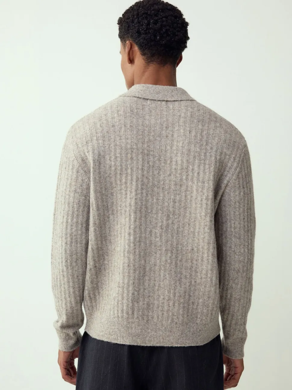 Neutral Cosy Rib Knit Long Sleeve Polo Shirt with Wool