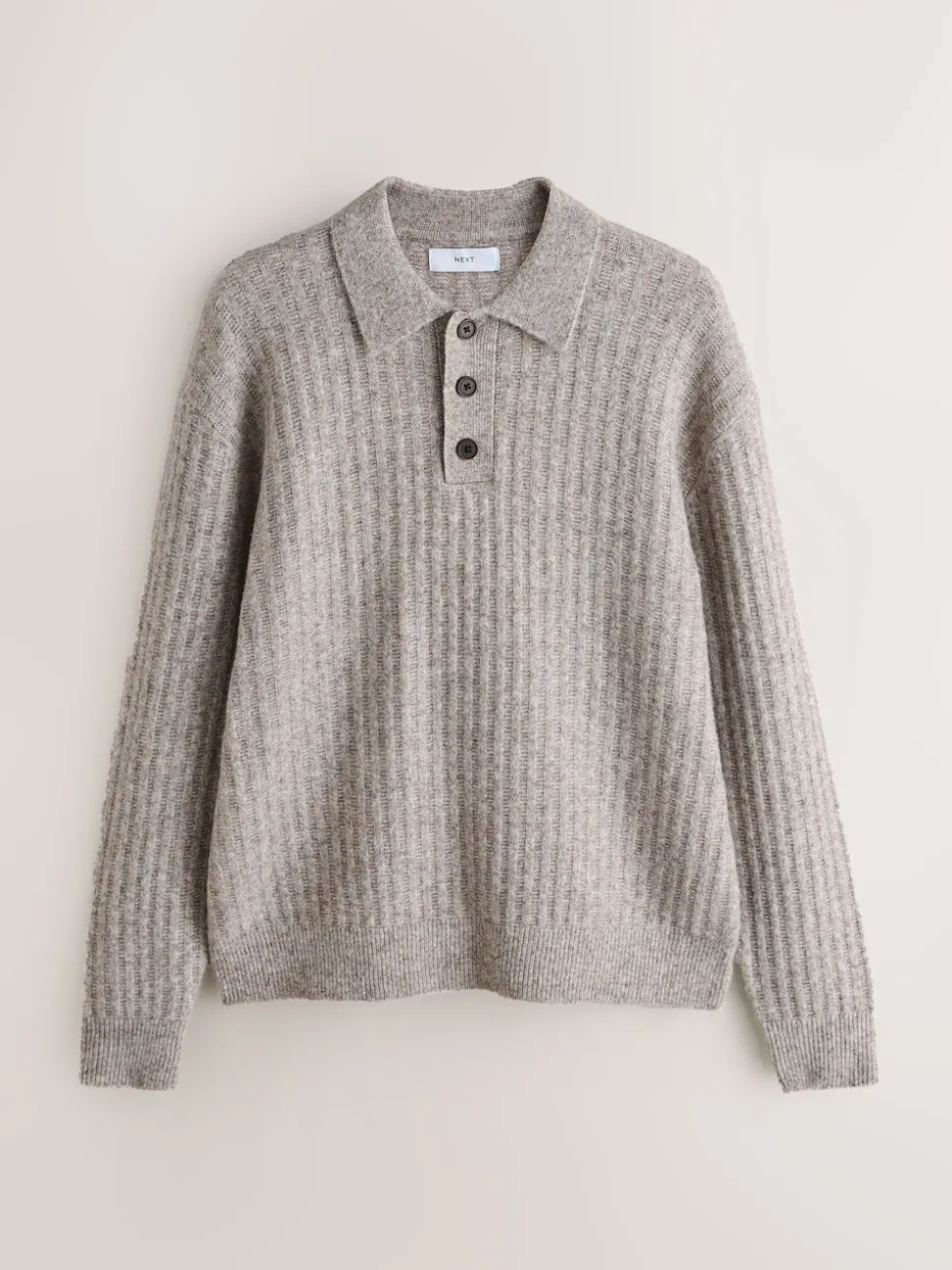 Neutral Cosy Rib Knit Long Sleeve Polo Shirt with Wool