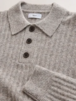 Neutral Cosy Rib Knit Long Sleeve Polo Shirt with Wool