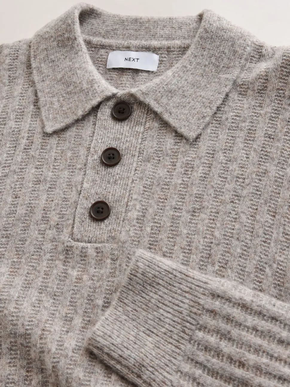 Neutral Cosy Rib Knit Long Sleeve Polo Shirt with Wool