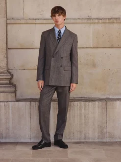 Neutral Double Breasted Merino Wool Blend Suit Jacket