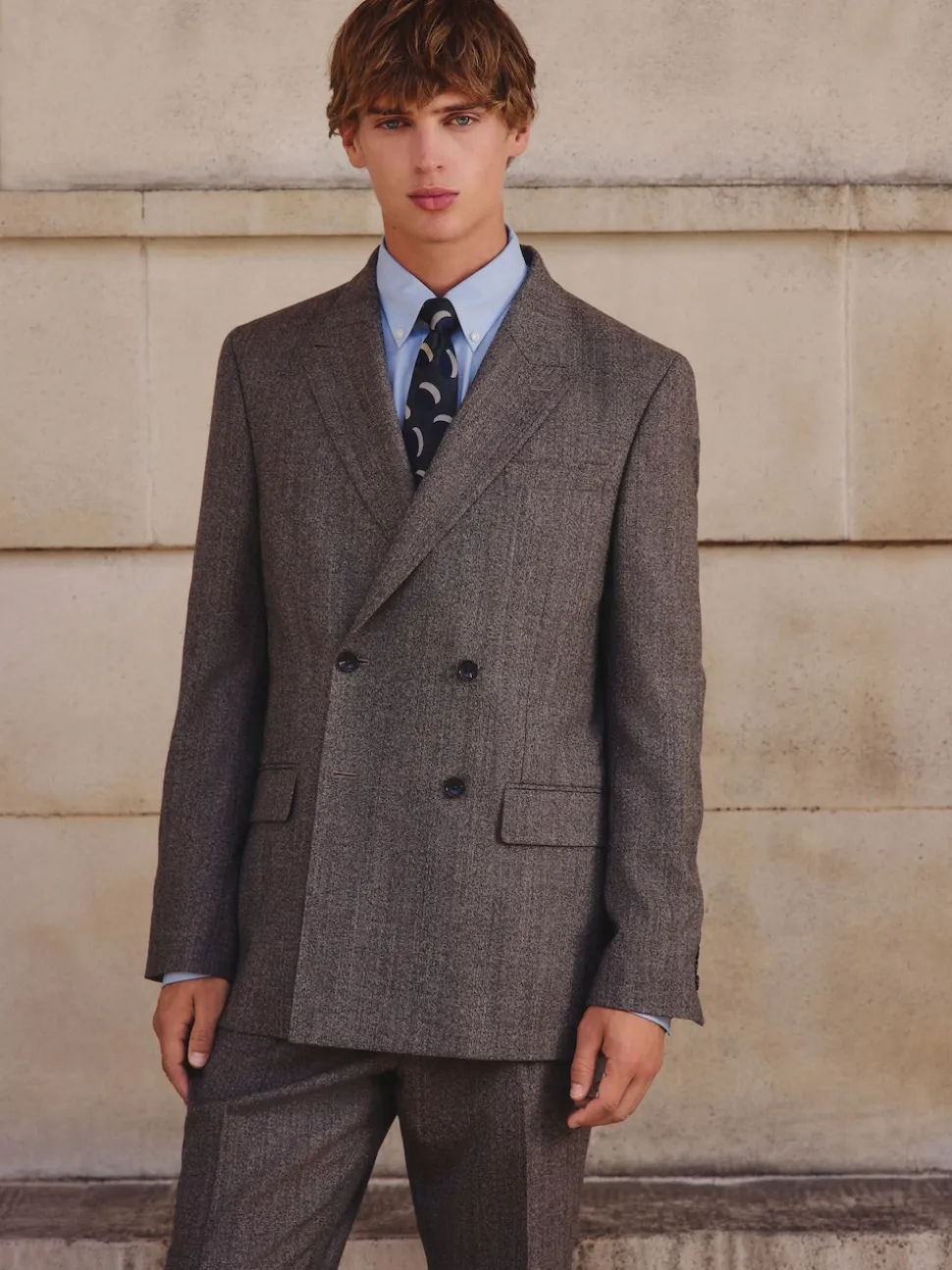 Neutral Double Breasted Merino Wool Blend Suit Jacket