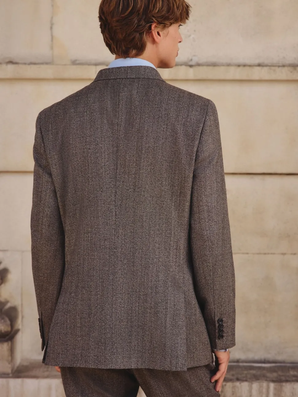 Neutral Double Breasted Merino Wool Blend Suit Jacket