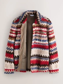 Neutral Ecru/Red Fairisle Printed Fleece Popper Shacket