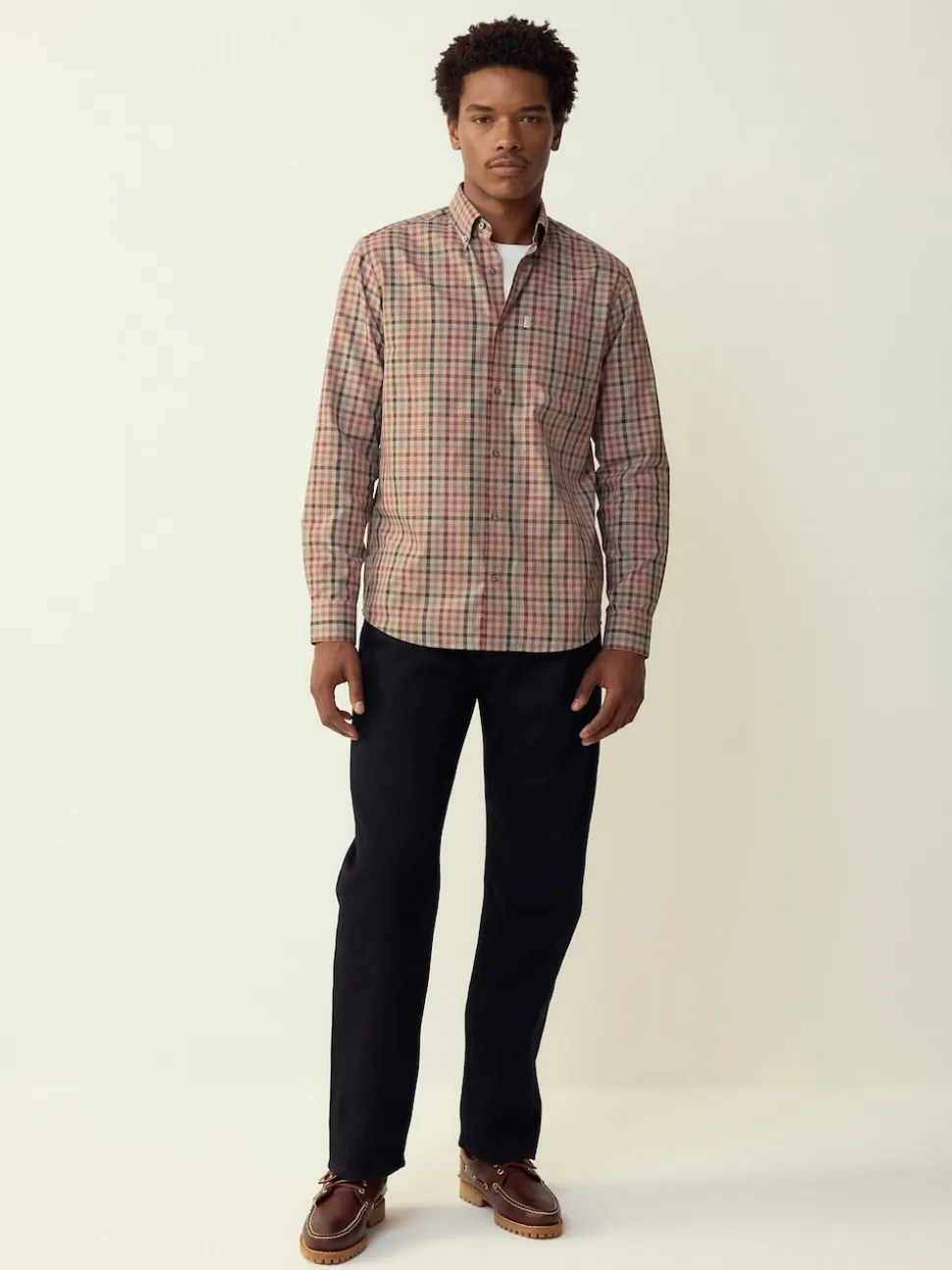 Neutral Gingham Regular Fit Easy Iron Button Down Oxford Shirt