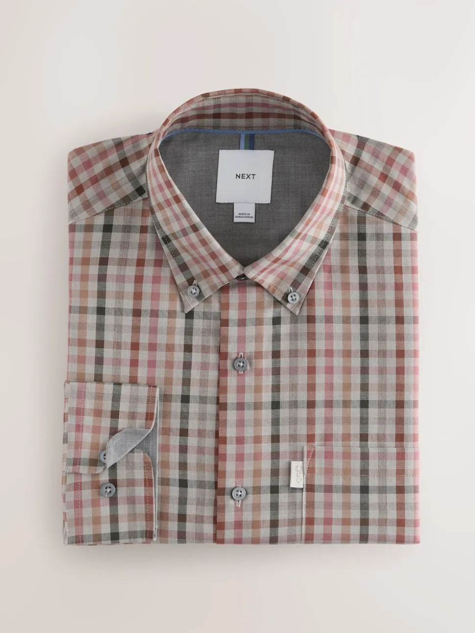 Neutral Gingham Regular Fit Easy Iron Button Down Oxford Shirt