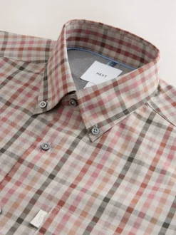Neutral Gingham Regular Fit Easy Iron Button Down Oxford Shirt