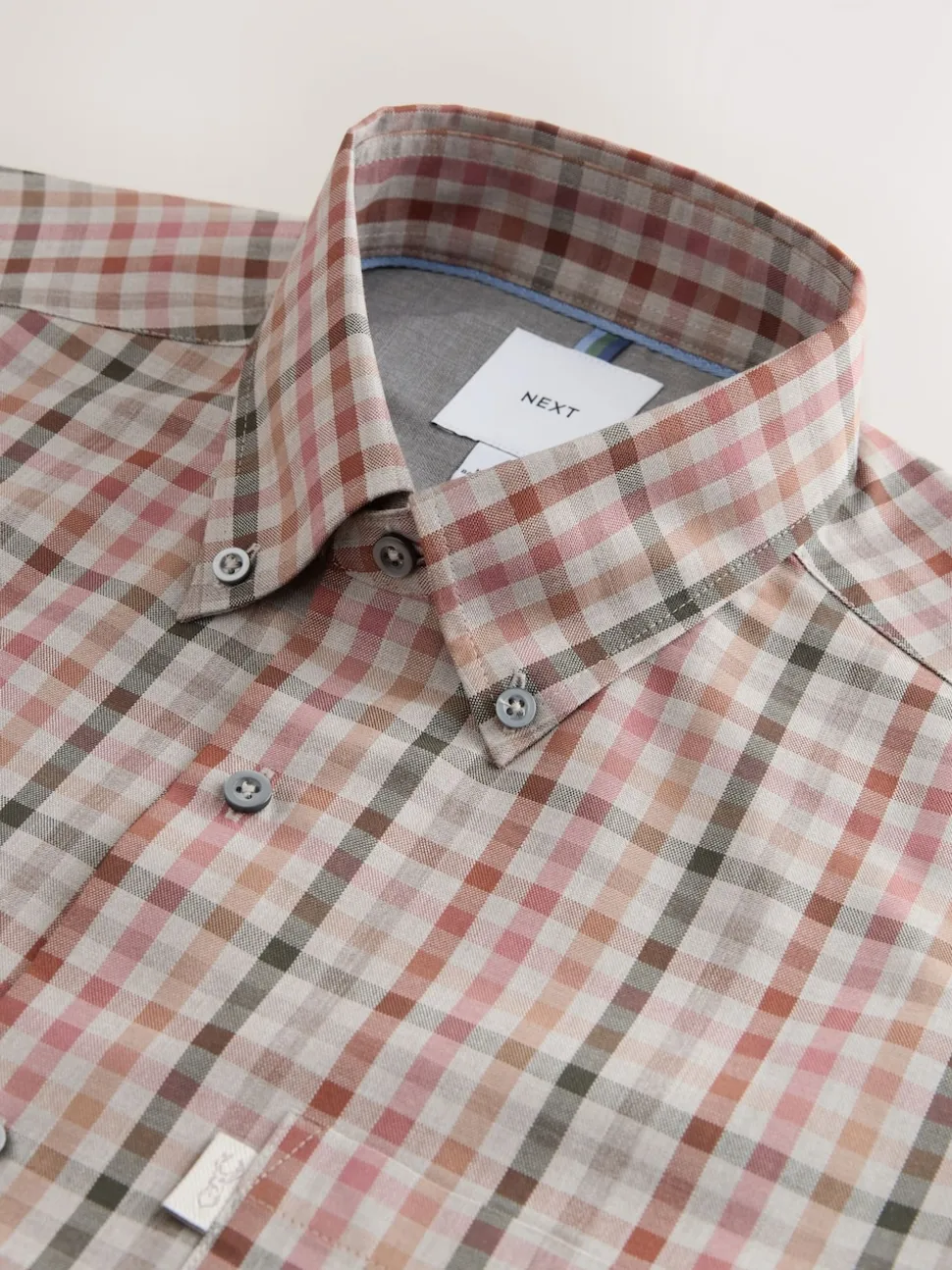 Neutral Gingham Regular Fit Easy Iron Button Down Oxford Shirt