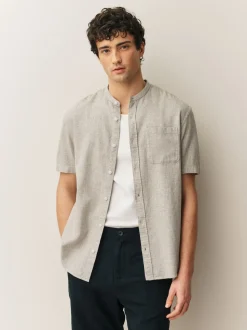 Neutral Grandad Collar Cotton Linen Blend Short Sleeve Shirt