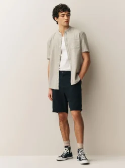 Neutral Grandad Collar Cotton Linen Blend Short Sleeve Shirt