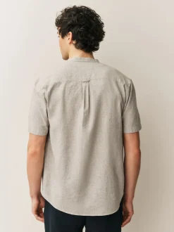 Neutral Grandad Collar Cotton Linen Blend Short Sleeve Shirt