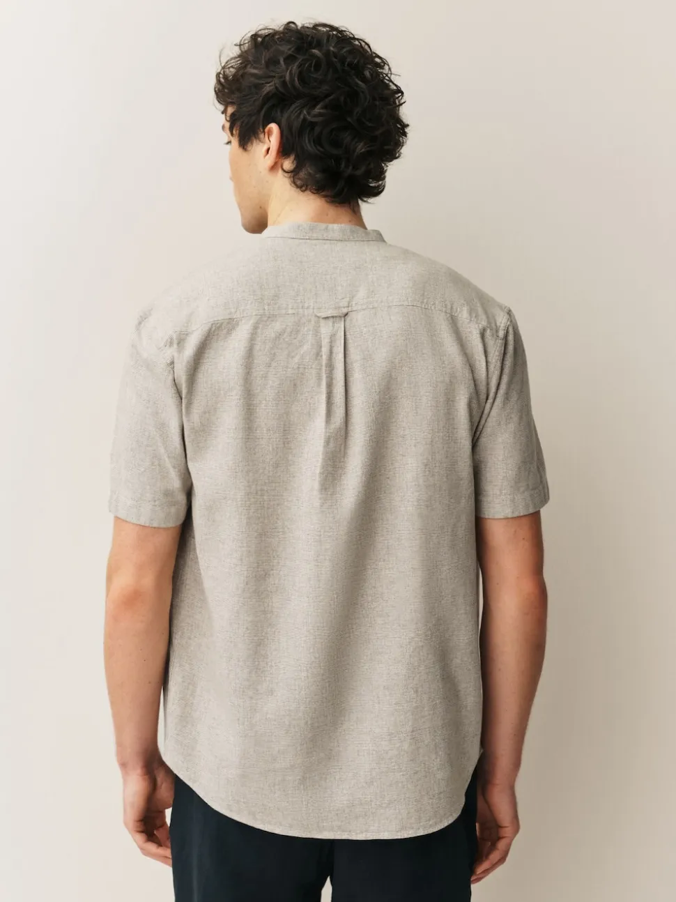 Neutral Grandad Collar Cotton Linen Blend Short Sleeve Shirt