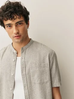Neutral Grandad Collar Cotton Linen Blend Short Sleeve Shirt