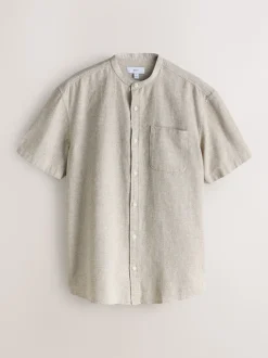 Neutral Grandad Collar Cotton Linen Blend Short Sleeve Shirt