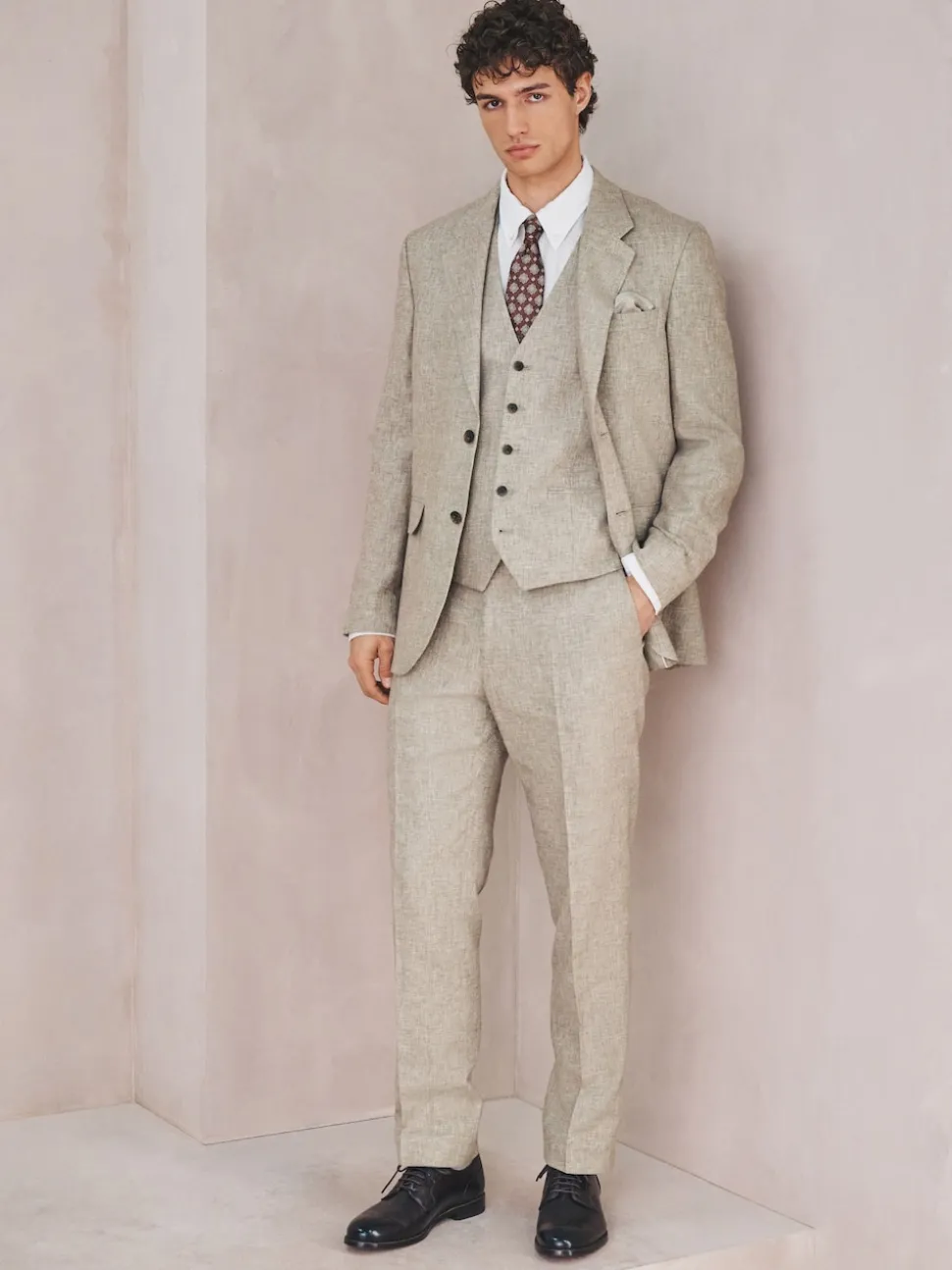 Neutral Linen Blend Texture Suit Waistcoat