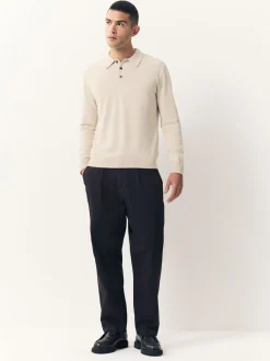 Neutral Marl Regular Fit Cotton Rich Long Sleeve Knitted Polo Shirt
