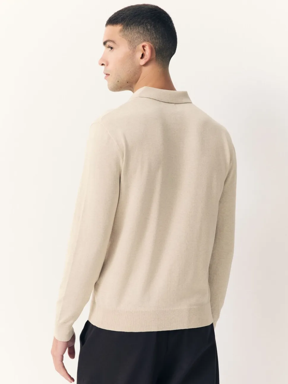 Neutral Marl Regular Fit Cotton Rich Long Sleeve Knitted Polo Shirt