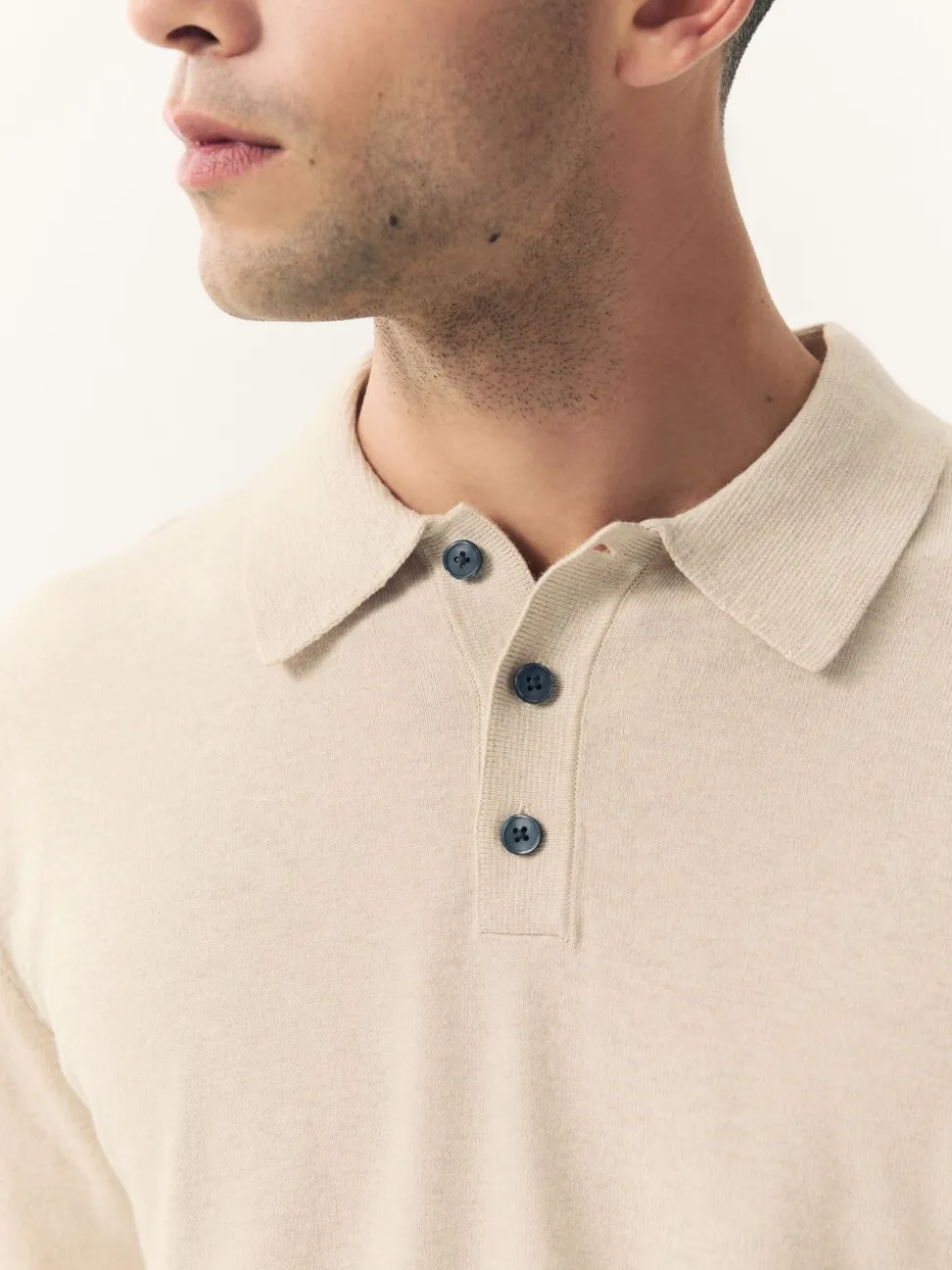 Neutral Marl Regular Fit Cotton Rich Long Sleeve Knitted Polo Shirt