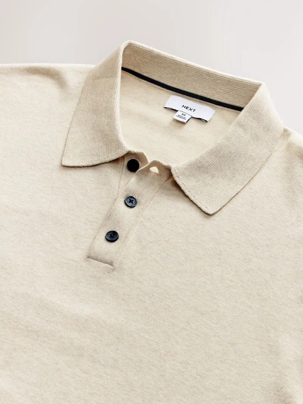 Neutral Marl Regular Fit Cotton Rich Long Sleeve Knitted Polo Shirt