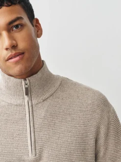 Neutral Plain N.Premium Regular Fit Cotton Rich Textured Premium Quarter Zip Jumper